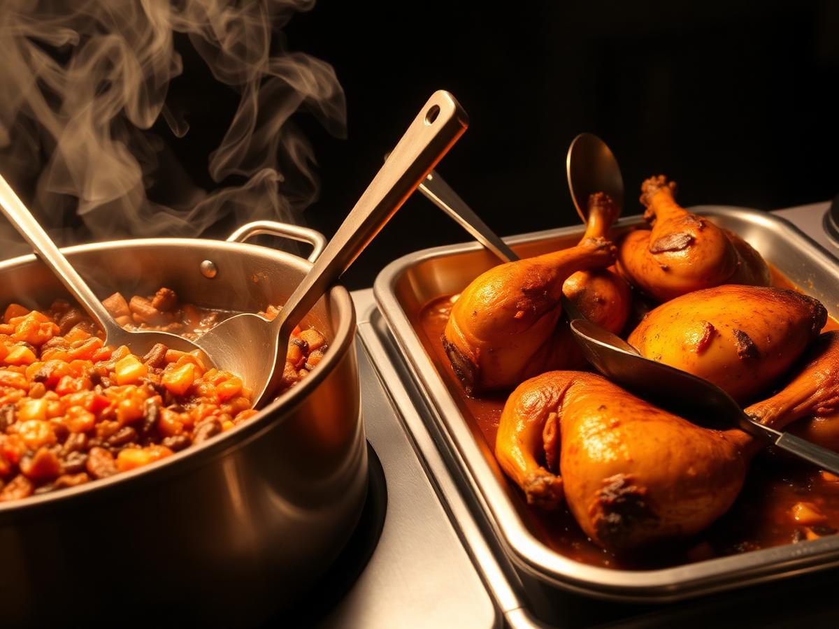 Panelas com feijoada e frango assado quentinhos
