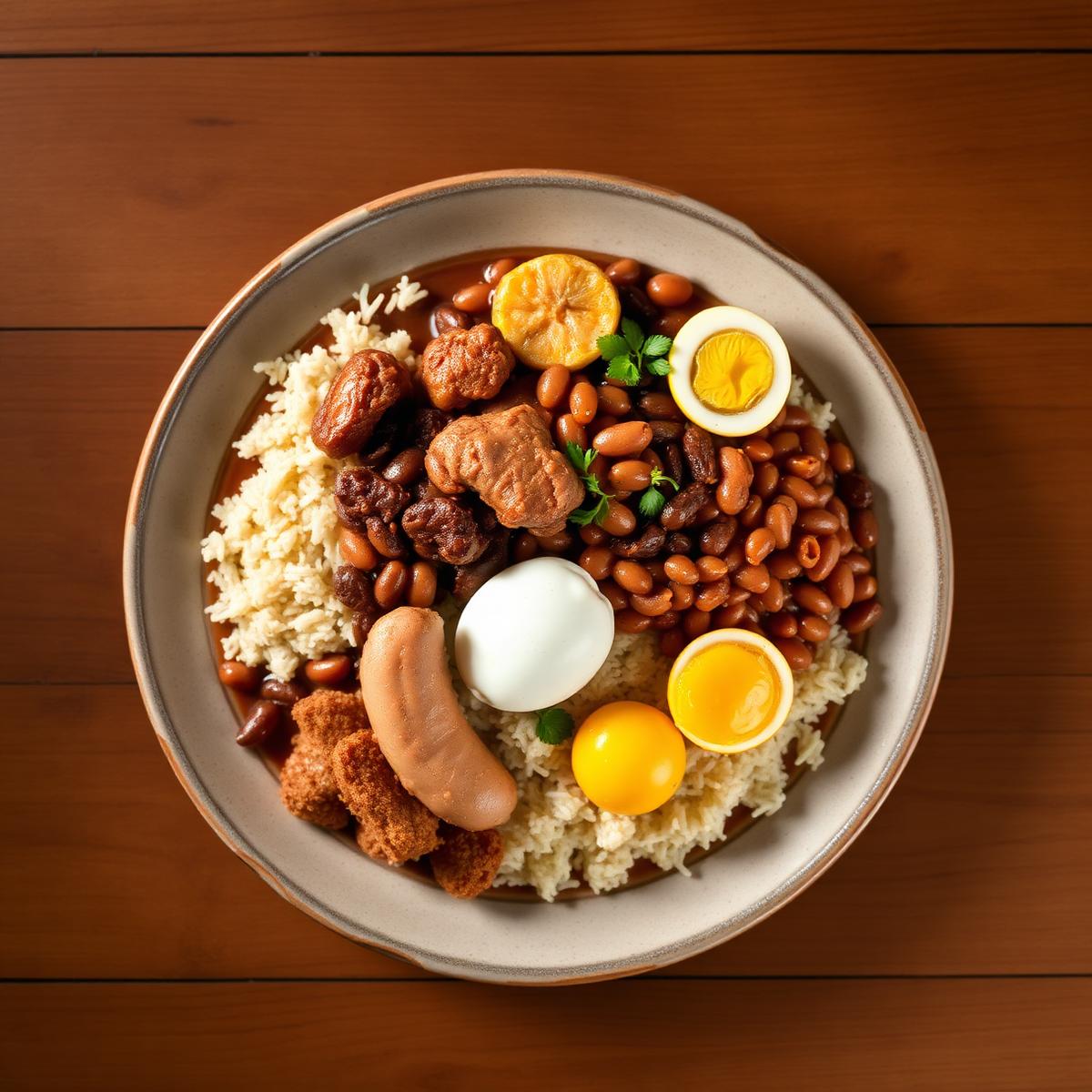 Prato mineiro montado com arroz, feijão e carnes