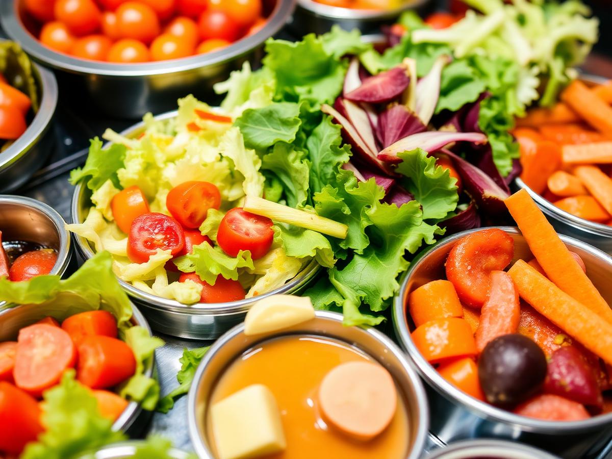 Seção de saladas e legumes frescos do buffet